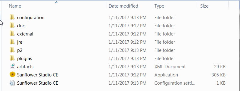 Folder content of **sunflower-studio-ce** after unzipping Windows archive