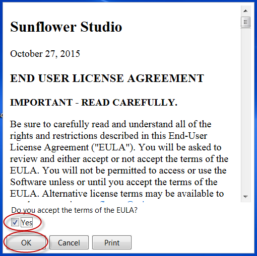 User is asked to accept the **Sunflower** End User License Agreement
