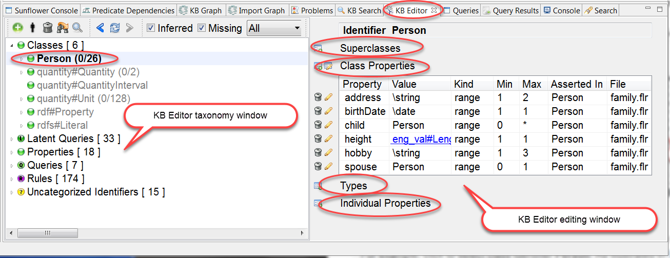 Details of the selected identifier **Person** are shown in the **KB Editor** editing window