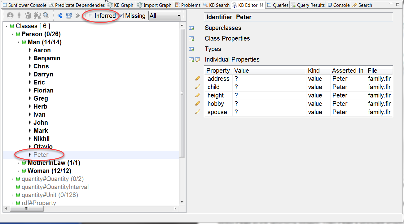 Property birthDate is removed from **Individual Properties** table for **Peter** with **Inferred** unchecked