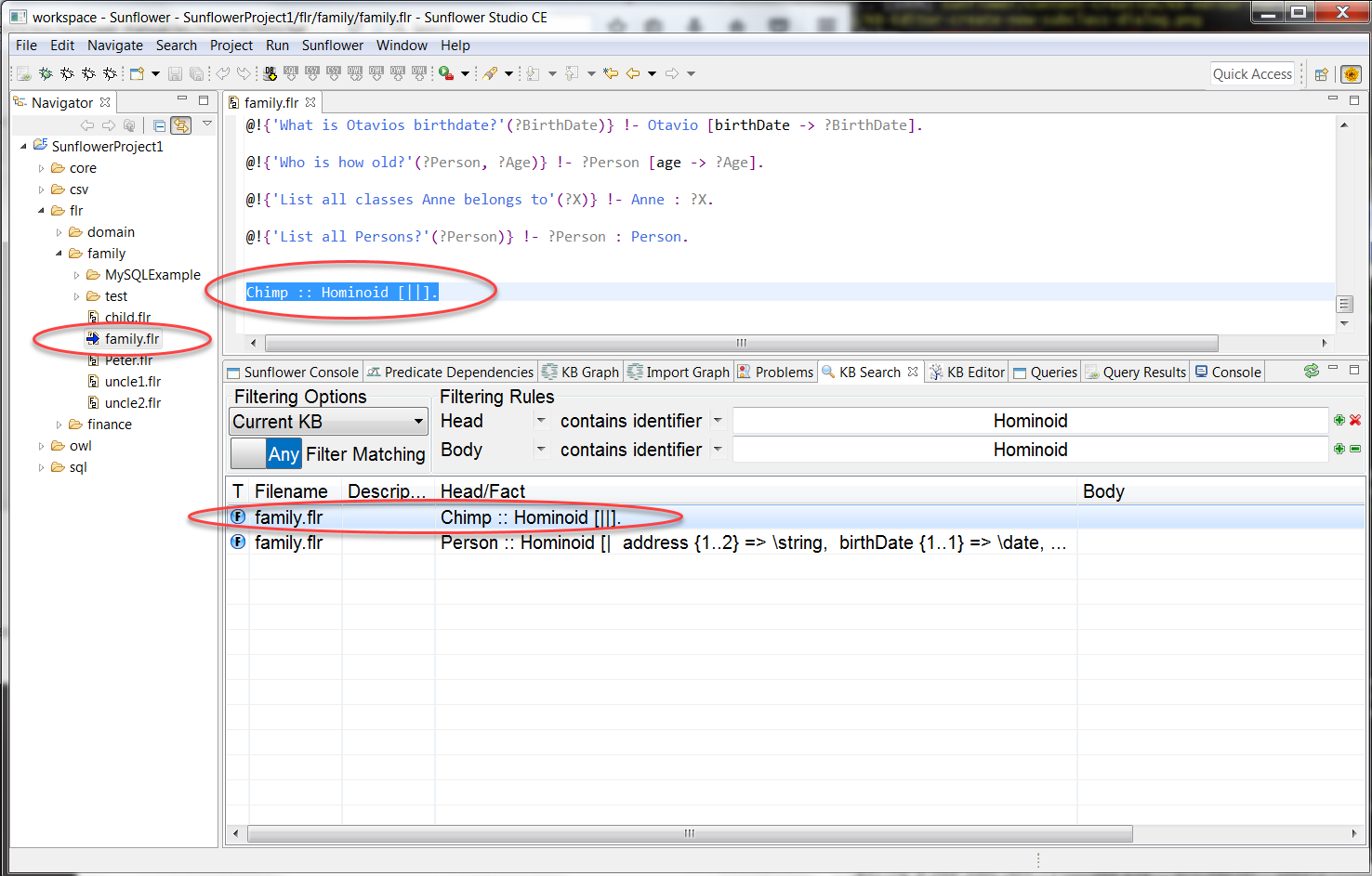Click to select a search result loads corresponding .flr file and highlights occurrence in file