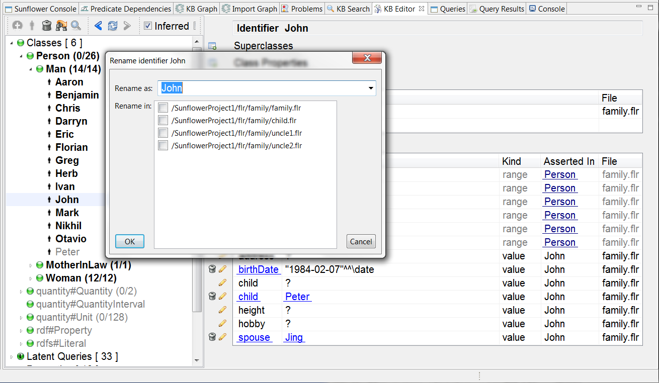 Rename identifier dialog box showing a list of files where **John** is referenced