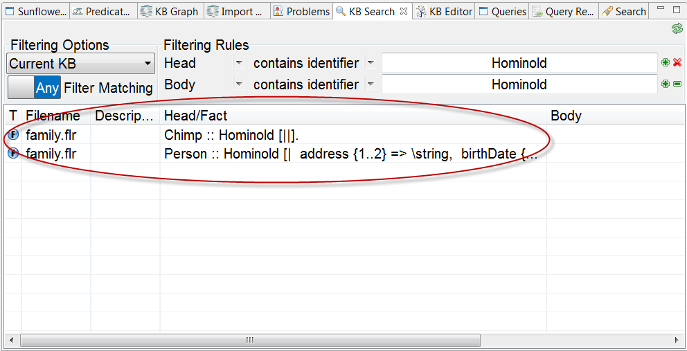 **Find in KB Search** returns a list of **Hominoid** occurrences in KB