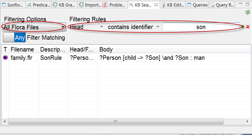 KB Search using **All Flora Files** with rule: **Head** containing **son**