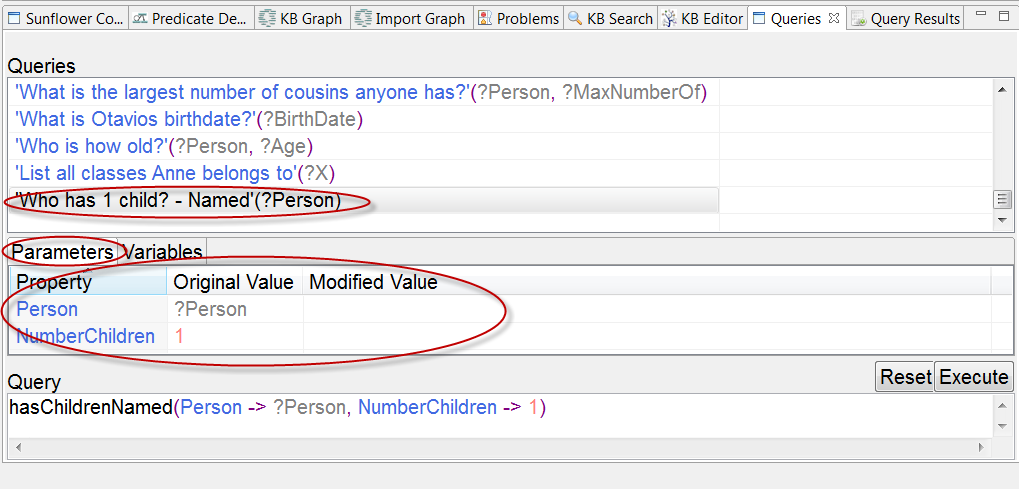 Properties **Person** and **NumberChildren** can be modified for query ’Who has 1 child? - Named’