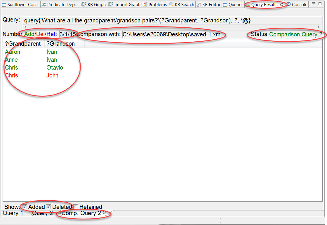 Comparison to saved query results - additions are in green and deletions in red