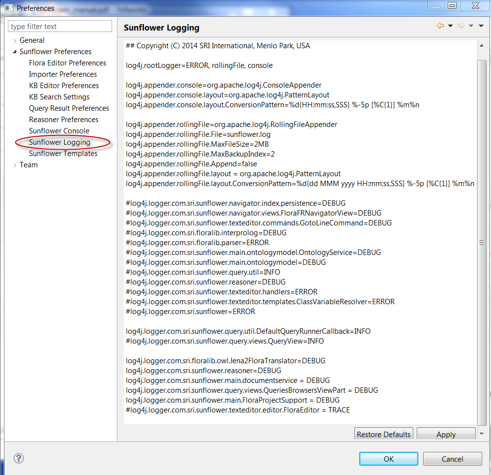 Customizing log4j settings for diagnostics outputs in sunflower.log