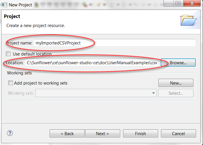 Specify name and file location for new project