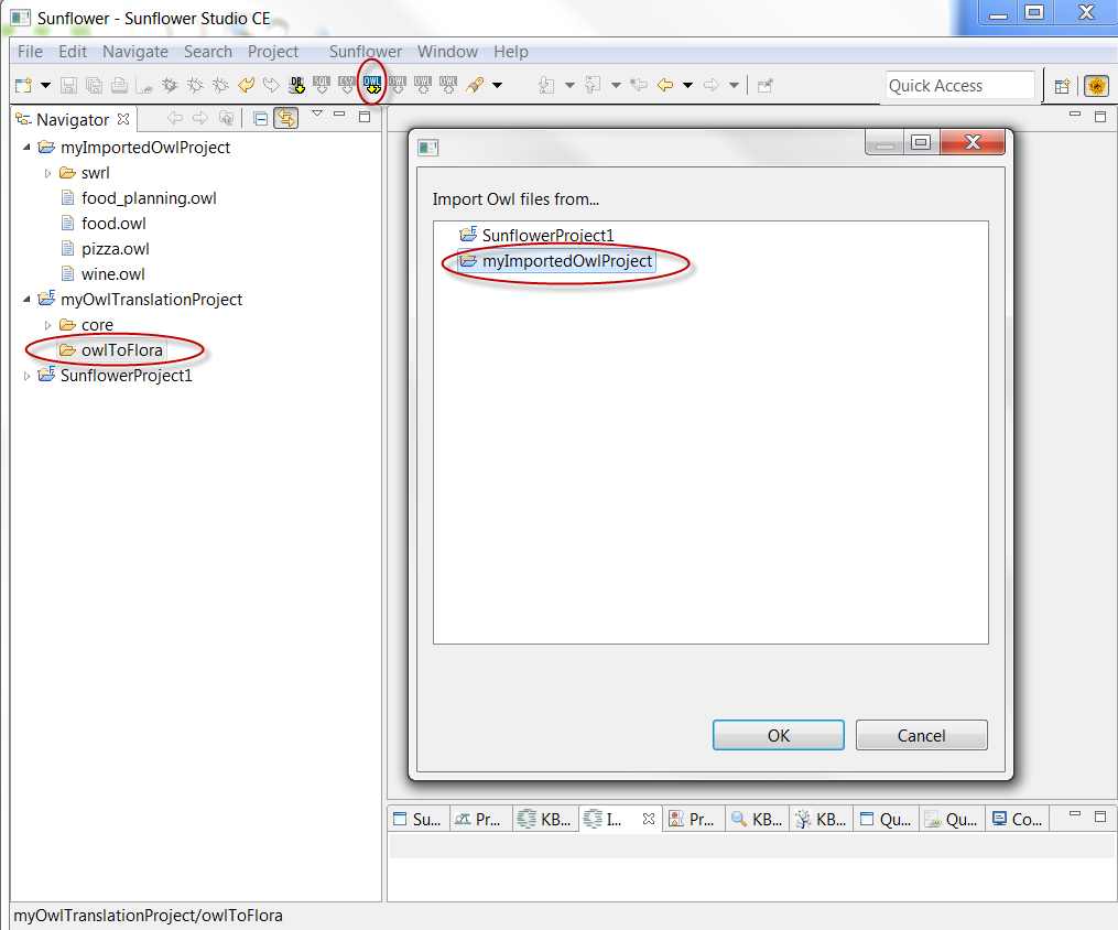 Dialog box for selecting OWL project for Flora translation