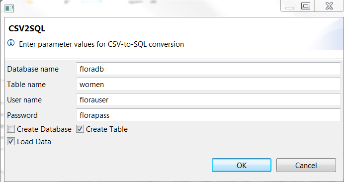 CSV2SQL-dialog window: Leave Create Database unchecked after **floradb** has already been created
