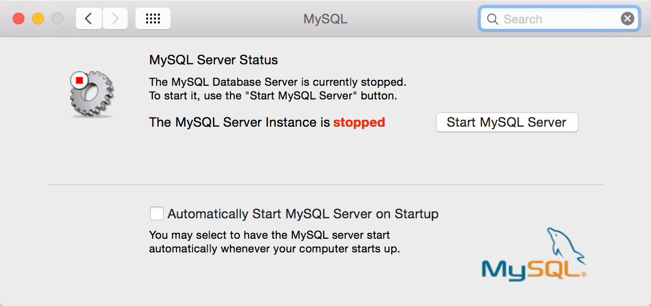 MySQL preference pane in OS X System Preferences showing MySQL server stopped