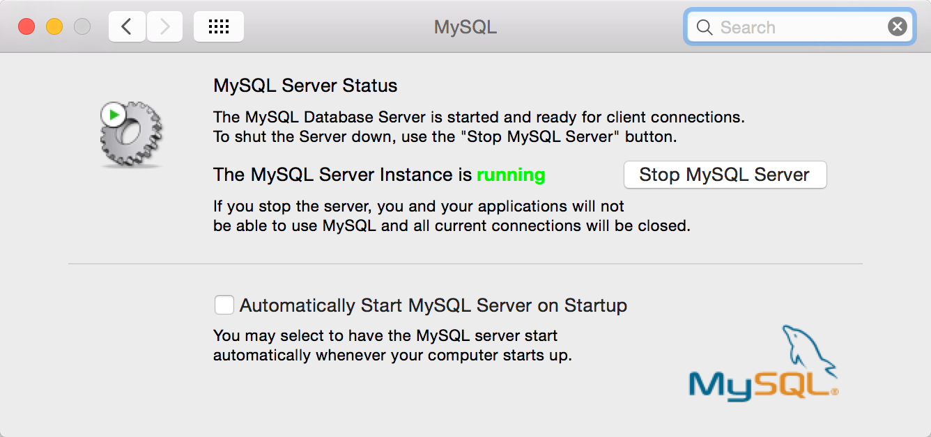 MySQL preference pane in OS X System Preferences showing MySQL started